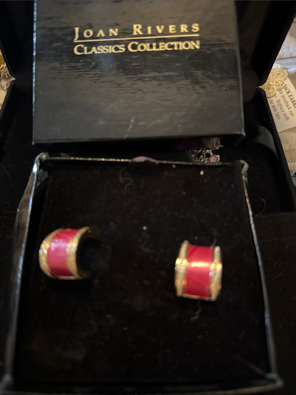 Vintage Joan Rivers Gold-Tone Hoop Earrings with Pink Enamel Inlay